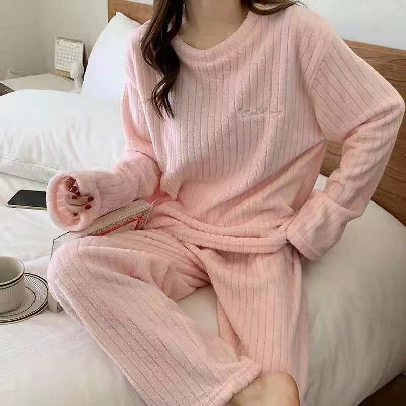 Autumn Women Solid Warm 1/2 Piece Sets Thicken Velvet Ribbed Fleece Set Pullover and Pants Women Casual Pajama Sets 2025