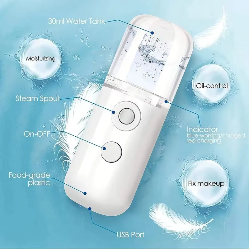Portable Rechargeable Small Facial Steamer 30Ml Mini Humidifier Home Wireless Nano Personal Face Hydrat Sprayer Cool Mist Maker