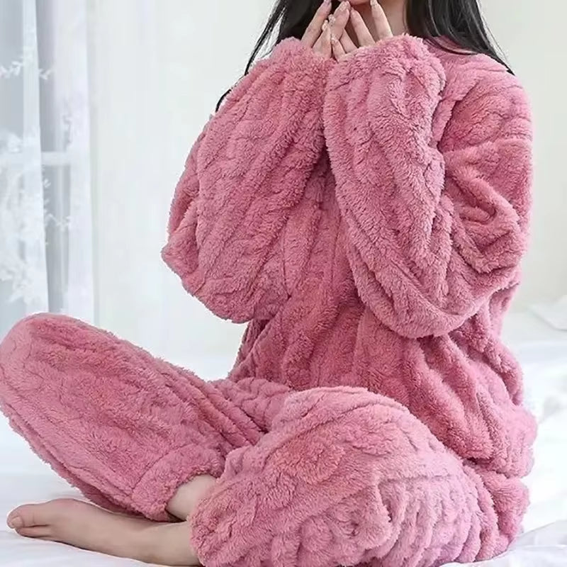 Autumn Women Solid Warm 1/2 Piece Sets Thicken Velvet Ribbed Fleece Set Pullover and Pants Women Casual Pajama Sets 2025