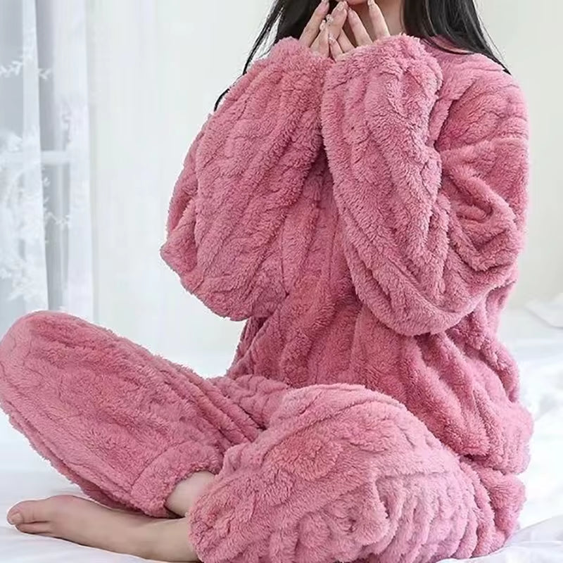 Autumn Women Solid Warm 1/2 Piece Sets Thicken Velvet Ribbed Fleece Set Pullover and Pants Women Casual Pajama Sets 2025