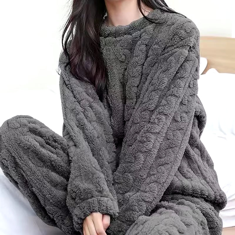 Autumn Women Solid Warm 1/2 Piece Sets Thicken Velvet Ribbed Fleece Set Pullover and Pants Women Casual Pajama Sets 2025