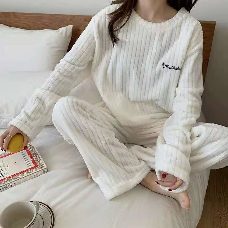 Autumn Women Solid Warm 1/2 Piece Sets Thicken Velvet Ribbed Fleece Set Pullover and Pants Women Casual Pajama Sets 2025