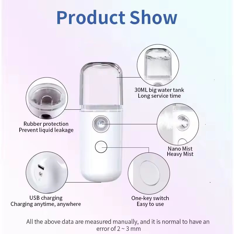 Portable Rechargeable Small Facial Steamer 30Ml Mini Humidifier Home Wireless Nano Personal Face Hydrat Sprayer Cool Mist Maker